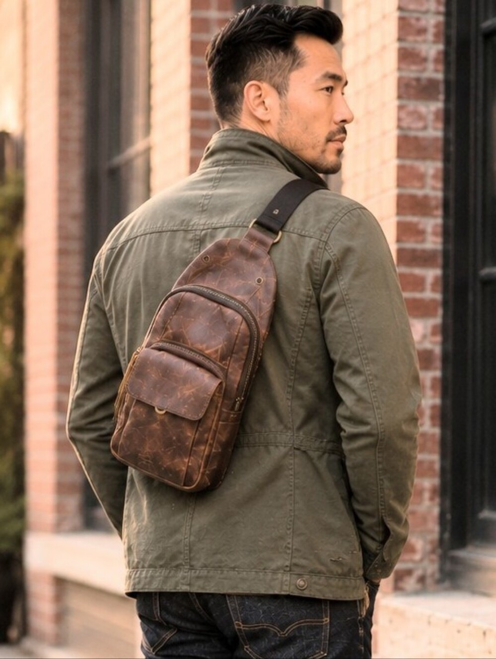 Vintage Distressed Brown Leather Sling Bag